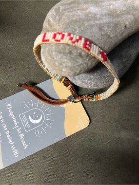 Handmade LOVE' Beaded cuff  Bracelet - Beige & Red